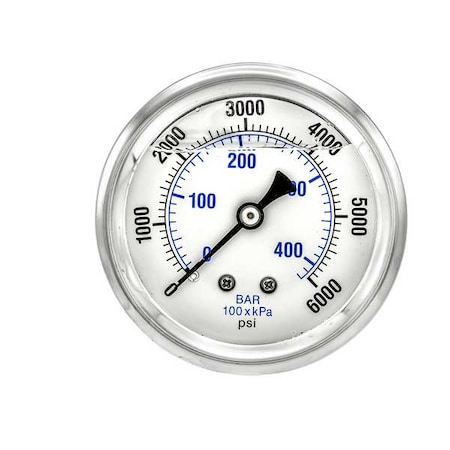 Pic Gauges Industrial Pressure Gauge, 0 to 6,000 psi, 2 1/2 in Dial, 1/4 in NPT, Center Back Location PRO-202L-254S