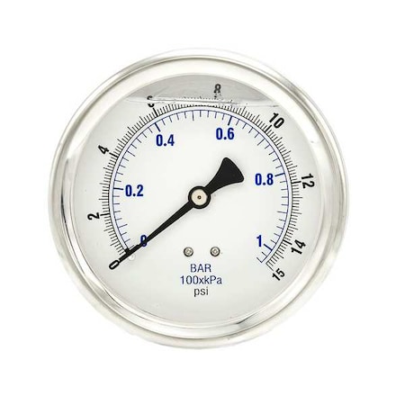 Pic Gauges Industrial Pressure Gauge, 0 to 15 psi, 4 in Dial, 1/4 in NPT, Center Back Location 202L-404B