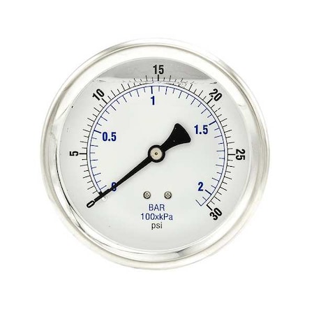 Pic Gauges Industrial Pressure Gauge, 0 to 30 psi, 4 in Dial, 1/4 in NPT, Center Back Location 202L-404C