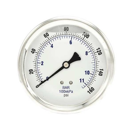 Pic Gauges Industrial Pressure Gauge, 0 to 160 psi, 4 in Dial, 1/4 in NPT, Center Back Location 202L-404F