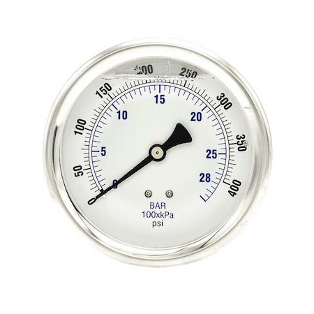 Pic Gauges Industrial Pressure Gauge, 0 to 400 psi, 4 in Dial, 1/4 in NPT, Center Back Location 202L-404I