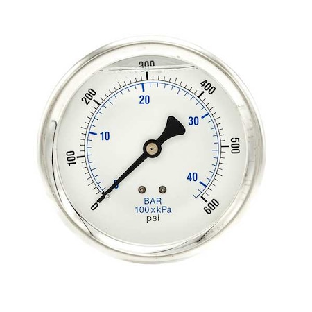 Pic Gauges Industrial Pressure Gauge, 0 to 600 psi, 4 in Dial, 1/4 in NPT, Center Back Location 202L-404K