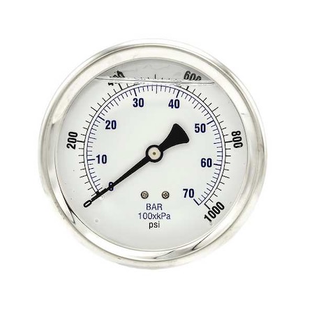 Pic Gauges Industrial Pressure Gauge, 0 to 1,000 psi, 4 in Dial, 1/4 in NPT, Center Back Location 202L-404M