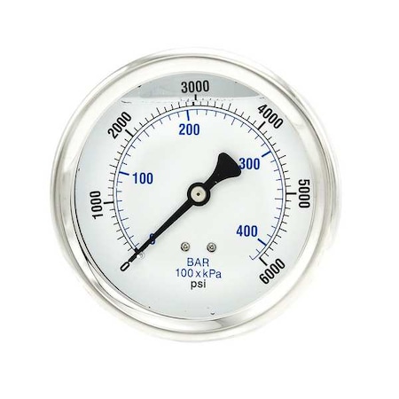 Pic Gauges Industrial Pressure Gauge, 0 to 6,000 psi, 4 in Dial, 1/4 in NPT, Center Back Location 202L-404S