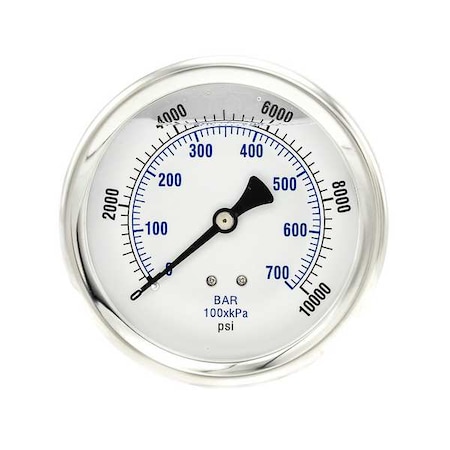 Pic Gauges Industrial Pressure Gauge, 0 to 10,000 psi, 4 in Dial, 1/4 in NPT, Center Back Location 202L-404U