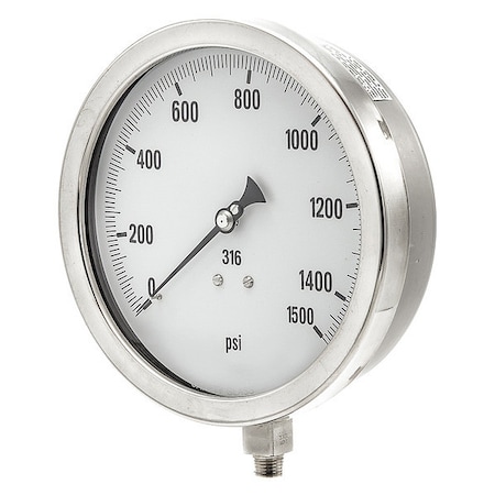 Pic Gauges Industrial Pressure Gauge, 0 to 1,500 psi, 6 in Dial, 1/4 in NPT, Bottom Location 6001-4LN