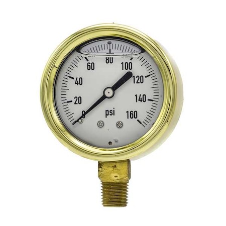 Pic Gauges Industrial Pressure Gauge, 0 to 160 psi, 2 1/2 in Dial, 1/4 in NPT, Bottom Location 601L-254F
