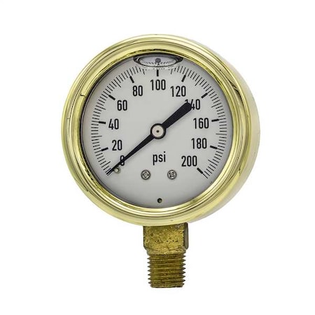 Pic Gauges Industrial Pressure Gauge, 0 to 200 psi, 2 1/2 in Dial, 1/4 in NPT, Bottom Location 601L-254G