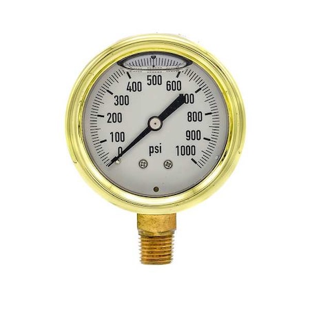 Pic Gauges Industrial Pressure Gauge, 0 to 1,000 psi, 2 1/2 in Dial, 1/4 in NPT, Bottom Location 601L-254M
