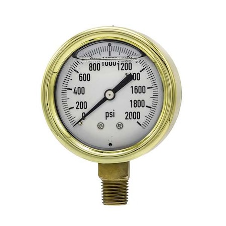 Pic Gauges Industrial Pressure Gauge, 0 to 2,000 psi, 2 1/2 in Dial, 1/4 in NPT, Bottom Location 601L-254O