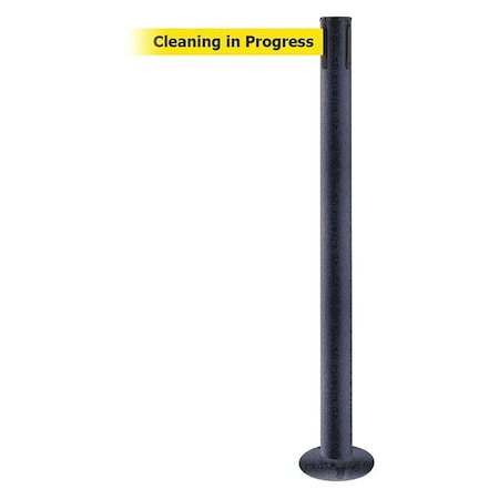 Tensabarrier Barrier Post with Belt, Black Wrinkle, 7 1/2 ft Length, 36 1/2 in Post Height, Cleaning in Progress 889F-89-89-STD-NO-YCX-C