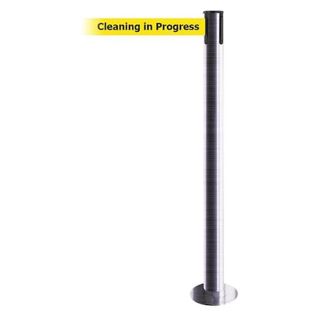 Tensabarrier Barrier Post with Belt, 7 1/2 ft Length, 36 1/2 in Post Height, Cleaning in Progress, Satin Chrome 889F-1S-1S-STD-NO-YCX-C