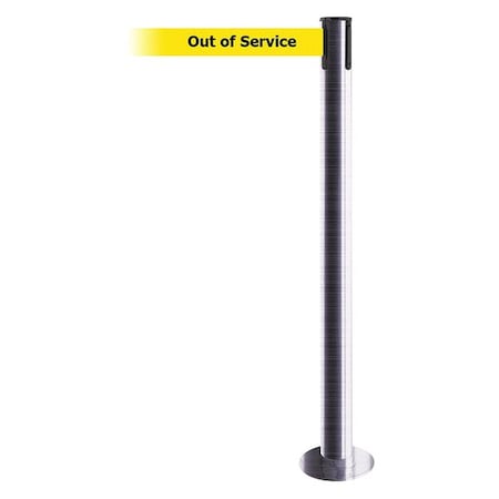 Tensabarrier Barrier Post with Belt, 7 1/2 ft Length, 36 1/2 in Post Height, Out of Service, Satin Chrome 889F-1S-1S-STD-NO-YEX-C