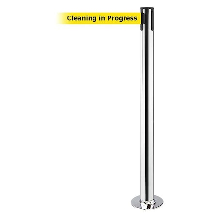 Tensabarrier Barrier Post with Belt, 13 ft Length, 36 1/2 in Post Height, Cleaning in Progress, Polished chrome 889F-1P-1P-MAX-NO-YCX-C