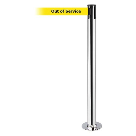 Tensabarrier Barrier Post with Belt, 13 ft Length, 36 1/2 in Post Height, Out of Service, Polished chrome 889F-1P-1P-MAX-NO-YEX-C