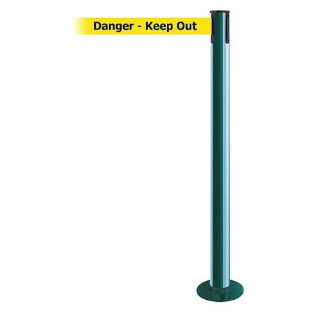 Tensabarrier Barrier Post with Belt, Green, 13 ft Length, 36 1/2 in Post Height, Danger Keep Out 889F-28-28-MAX-NO-YDX-C