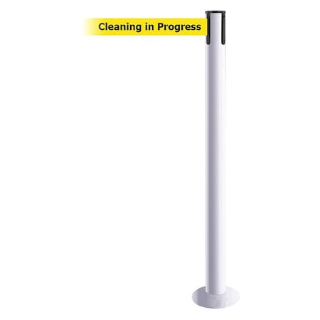 Tensabarrier Barrier Post with Belt, White, 13 ft Length, 36 1/2 in Post Height, Cleaning in Progress 889F-32-32-MAX-NO-YCX-C
