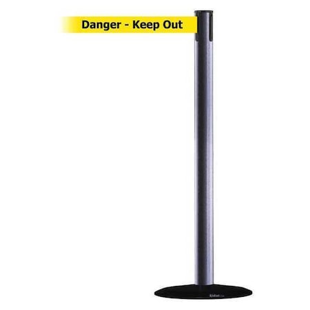 Tensabarrier Barrier Post with Belt, Hammertone Gray, 13 ft Length, 38 in Post Height, Danger Keep Out 889B-33-73-MAX-NO-YDX-C