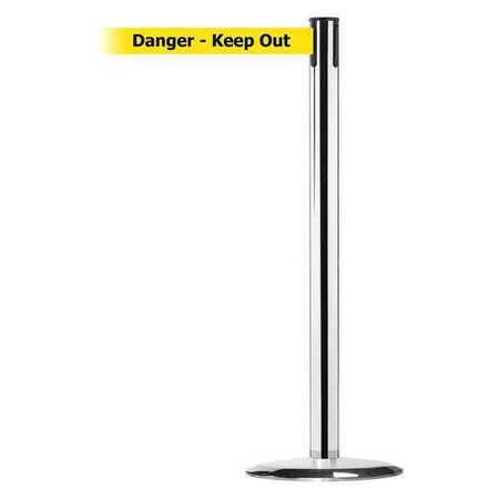 Tensabarrier Barrier Post with Belt, 13 ft Length, 38 in Post Height, Danger Keep Out, Polished chrome 889U-1P-1P-MAX-NO-YDX-C
