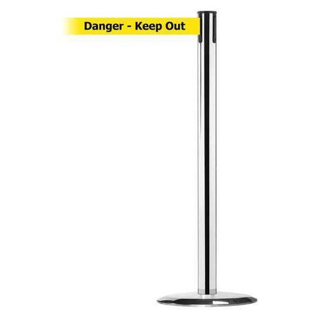 Tensabarrier Barrier Post with Belt, 7 1/2 ft Length, 38 in Post Height, Danger Keep Out, Polished chrome 889U-1P-1P-STD-NO-YDX-C