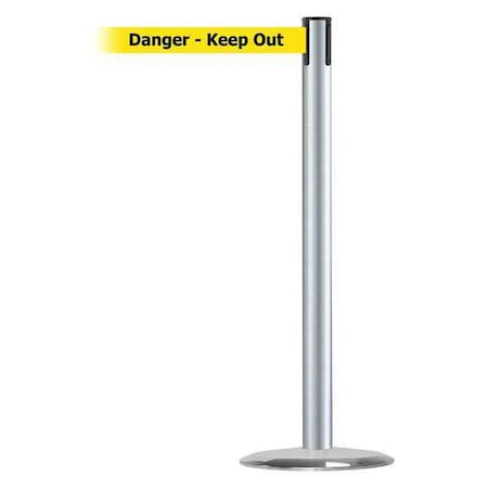 Tensabarrier Barrier Post with Belt, 7 1/2 ft Length, 38 in Post Height, Danger Keep Out, Satin Chrome 889U-1S-1S-STD-NO-YDX-C