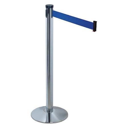 Retracta-Belt Barrier Post with Belt, Polished Chrome, 10 ft Length, 40 in Post Height, No Legend 300PC-BL