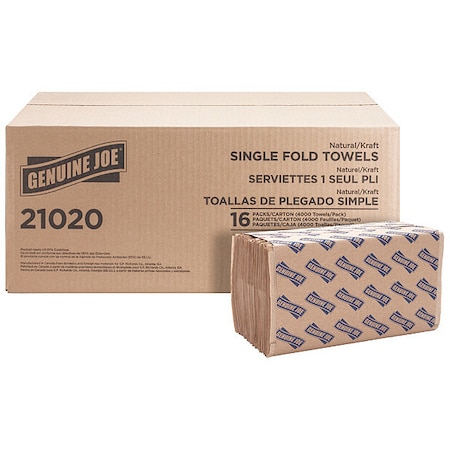 Genuine Joe Genuine Joe Single Fold Paper Towels, 1 Ply, 250 Sheets, Natural, 4000 PK GJO21020