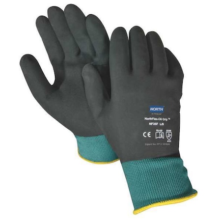 North Coated Gloves, Nitrile, Textured, Full, 0 Abrasion Level, Black/Green, M 1 PR NF35F/8M
