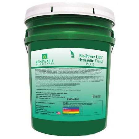 Renewable Lubricants 5 gal Pail, Hydraulic Oil, 15 ISO Viscosity, Not Specified SAE 81664