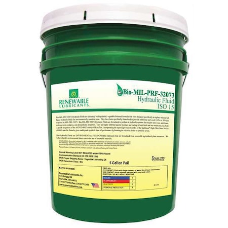 Renewable Lubricants 5 gal Pail, Hydraulic Oil, 15 ISO Viscosity, Not Specified SAE 81144