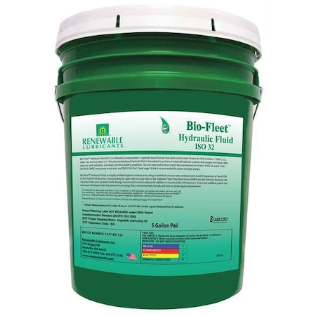 5 gal Pail, Hydraulic Oil, 32 ISO Viscosity, Not Specified SAE -  RENEWABLE LUBRICANTS, 80824