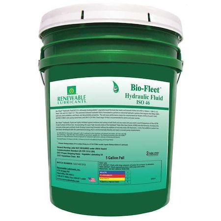 Renewable Lubricants 5 gal Pail, Hydraulic Oil, 46 ISO Viscosity, Not Specified SAE 80834