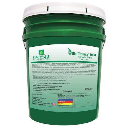 Renewable Lubricants 5 gal Pail, Hydraulic Oil, 100 ISO Viscosity, Not Specified SAE 81034