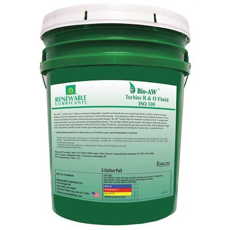 Renewable Lubricants 5 gal Pail, R&O Oil, 100 ISO Viscosity, Not Specified SAE 81734