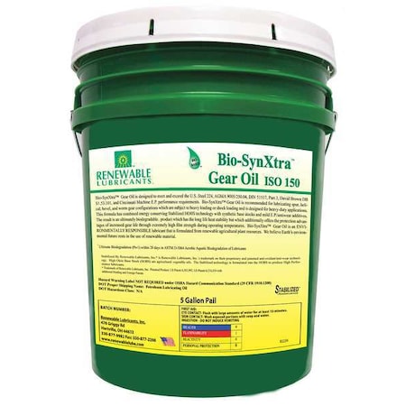 Renewable Lubricants 5 gal Gear Oil Pail 100 ISO Viscosity, 80W90 SAE, Yellow 82434