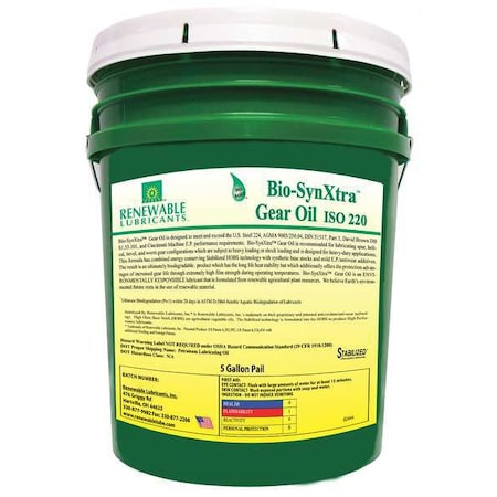 Renewable Lubricants 5 gal Gear Oil Pail 150 ISO Viscosity, 80W140 SAE, Yellow 82444