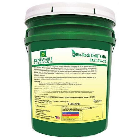 Renewable Lubricants Biodegradable Rock Drill Oil, 10W-20, 5 gal. 83004