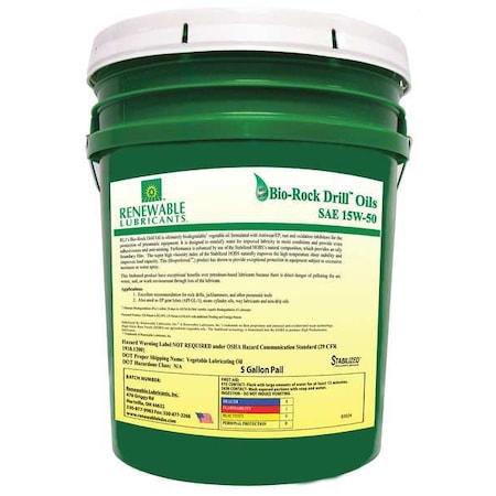 Renewable Lubricants Biodegradable Rock Drill Oil, 15W-50, 5 gal. 83024