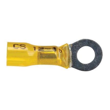 Velvac Ring Terminal, 1/4 in Stud Size, 10 AWG, 600 V, Heat Shrink Insulated, Yellow, 10 PK 37415