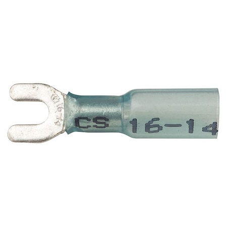 Velvac Fork Terminal, #6 Stud Size, 14 AWG, 600 V, Heat Shrink Insulated, Blue, 10 PK 37322