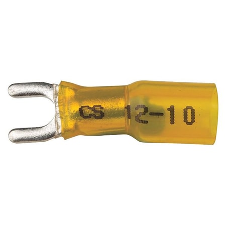 Velvac Fork Terminal, #10 Stud Size, 10 AWG, 600 V, Heat Shrink Insulated, Yellow, 10 PK 37424