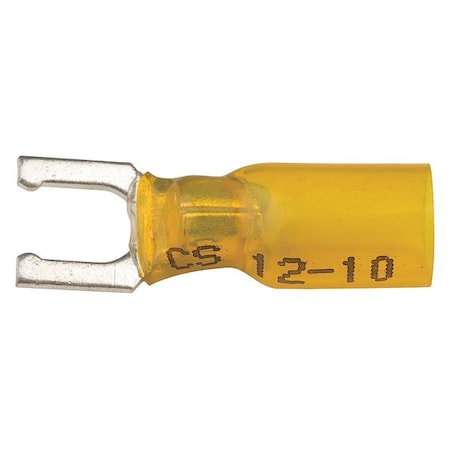 Velvac Fork Terminal, 1/4 in Stud Size, 10 AWG, 600 V, Heat Shrink Insulated, Yellow, 10 PK 37425