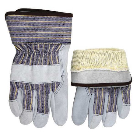 Mcr Safety Leather Gloves, Cowhide, Safety Cuff, Wing Thumb, Gray (Palm), Blue/Yellow/Black Stripe (Fabric), S 1400KS