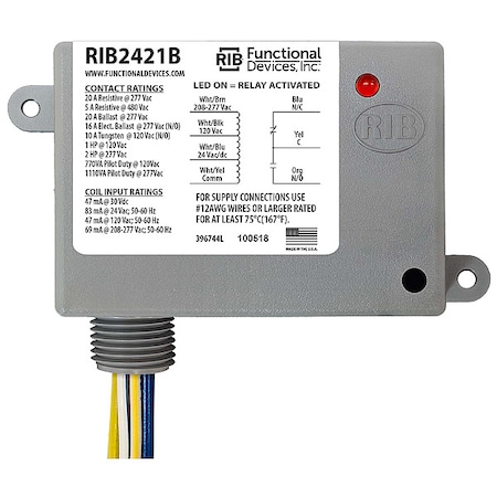 Functional Devices-Rib Enclosed Pre-Wired Relay, 20A at 277VAC, SPDT RIB2421B