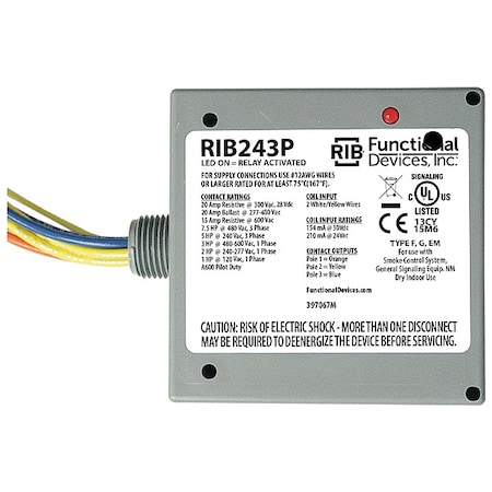 Functional Devices-Rib Enclosed Pre-Wired Relay, 20A at 300VAC, 3PST RIB243P