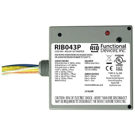 Functional Devices-Rib Enclosed Pre-Wired Relay, 20A at 300VAC, 3PST RIB043P