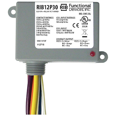 Functional Devices-Rib Enclosed Pre-Wired Relay, 30A at 300VAC, DPDT RIB12P30