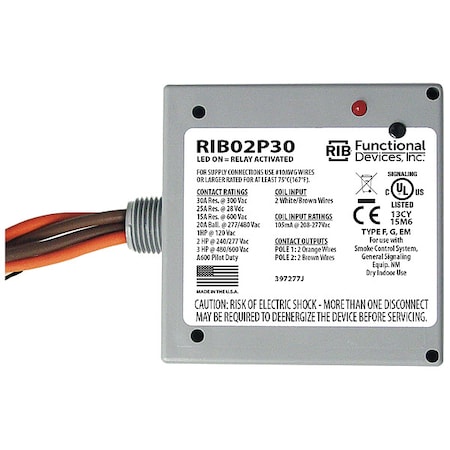 Functional Devices-Rib Enclosed Pre-Wired Relay, 20A at 300VAC, DPST RIB02P30