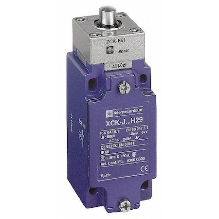 Telemecanique Sensors Heavy Duty Limit Switch, Plunger, 1NC/1NO, 4A at 240V AC, Actuator Location: Top XCKJ161D