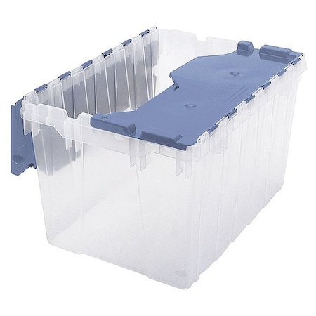 Akro-Mils Attached Lid Tote, Plastic, 15" W, 21-1/2" D, Clear/Blue 66486FILEB